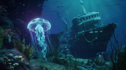 Podwodny krajobraz z zatopionym statkiem i meduzami - obrazy, fototapety, plakaty
