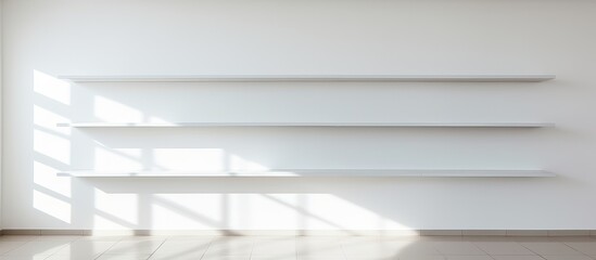 Obraz premium A room with bare wooden shelves and a window casting shades on the walls. The rectangle of light creates a contrasting event in the dimly lit space