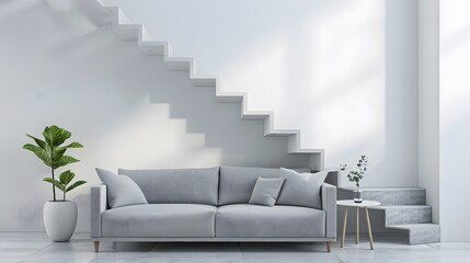 Cute grey sofa in room with staircase. Scandinavian home interior design of modern living room.
