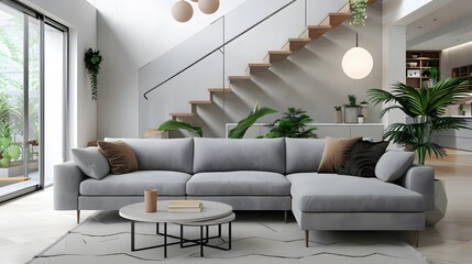 Cute grey sofa in room with staircase. Scandinavian home interior design of modern living room.
