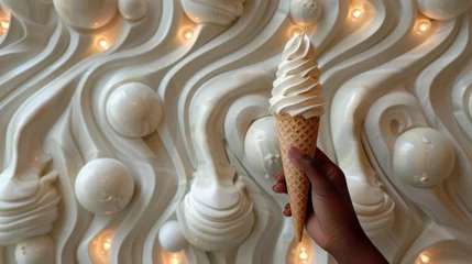 Foto auf Alu-Dibond a hand is holding an ice cream cone in front of a wall of white swirly ice cream swirls. © Olga