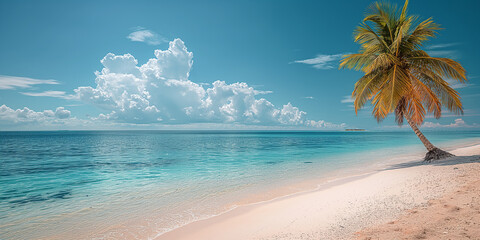 A palm tree on the beach of an Selingan island near Kalimantan, with clear blue water and white sand under a cloudy sky.