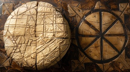 a close up of a piece of art made of wood with a circular object in the middle of the picture.