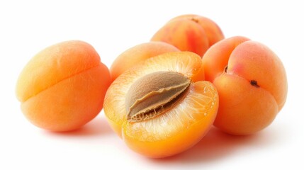 Fresh ripe apricots on white background perfect for summer recipes. Juicy apricots halved with stone for healthy snacking. Organic apricot fruit close-up for nutritious dessert preparation.