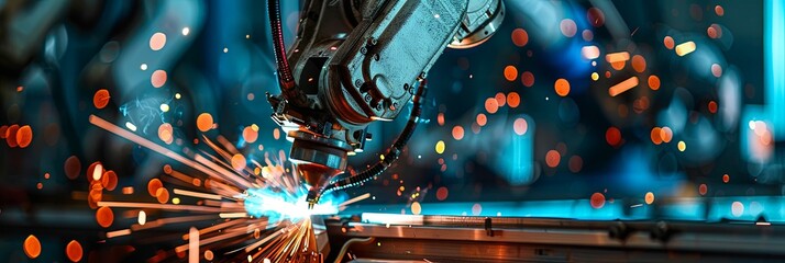 Fototapeta na wymiar Panoramic banner closeup of automated robot arm welding and cutting with laser sparks in factory warehouse production