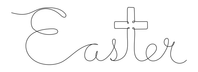 Easter one continuous line lettering with Christian cross instead letter t. Faith, religion concept. Hand drawn vector illustration with editable stroke isolated on transparent background