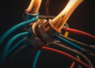 Burning electrical wires are a danger to life. Accident and fire. Improper use of wires and electrical appliances. Flammable electrical wiring - obrazy, fototapety, plakaty