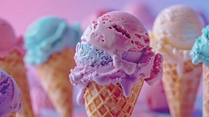 Colorful melting ice cream cones on display. Close-up of a pink ice cream scoop melting. Array of vibrant ice cream flavors in waffle cones.