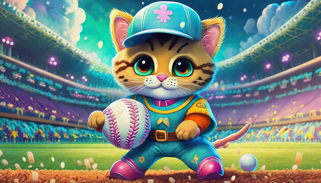 Baby cat baseball player hitting ball on a stadium 