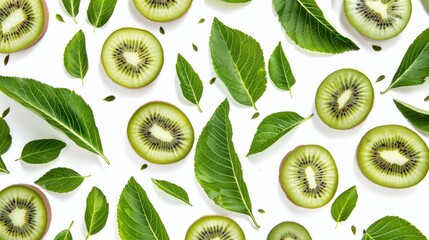 Sliced kiwi fruit and green leaves flat lay. Kiwi cross-sections with vibrant leaves on white. Healthy kiwi slices and foliage pattern top view. - obrazy, fototapety, plakaty