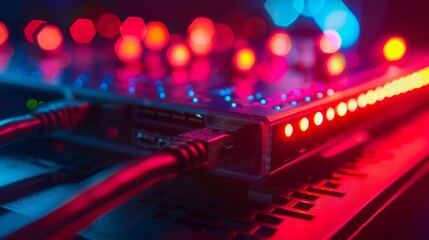 Close-up of network equipment with vibrant red ethernet cables and glowing LED lights. High-speed internet connection through advanced networking gear. Modern communication technology - obrazy, fototapety, plakaty