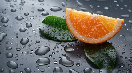 Orange segment with fresh leaf on wet dark background. Juicy orange slice with water droplets close up. Vibrant citrus piece with leaf and moisture detail.