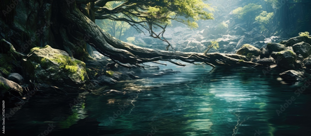 Wall mural A serene river flowing through a lush jungle landscape, surrounded by trees, plants, rocks, and the sound of the wind rustling through the leaves