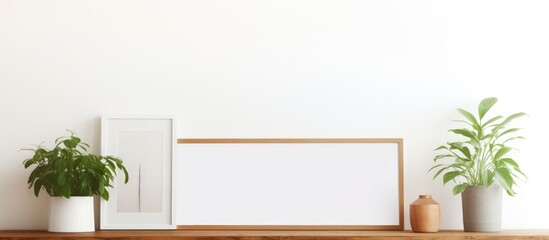 A rectangle picture frame rests on a wooden table beside houseplants in flowerpots. The flooring is grass, creating a serene setting for the whiteboard event
