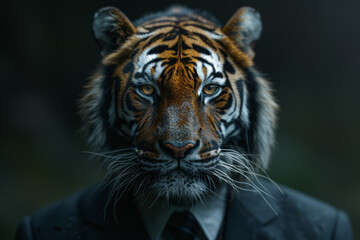 An individual in corporate attire with a tiger's head, symbolizing confidence and boldness in professional endeavors. Concept of fearlessness in business. Generative Ai.