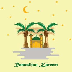 Ramadan kareem greeting. Card design with mosque moon and lanterns. illustration vector ramadan kareem.