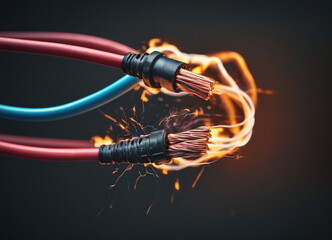 Burning electrical wires are a danger to life. Accident and fire. Improper use of wires and electrical appliances. Flammable electrical wiring - obrazy, fototapety, plakaty