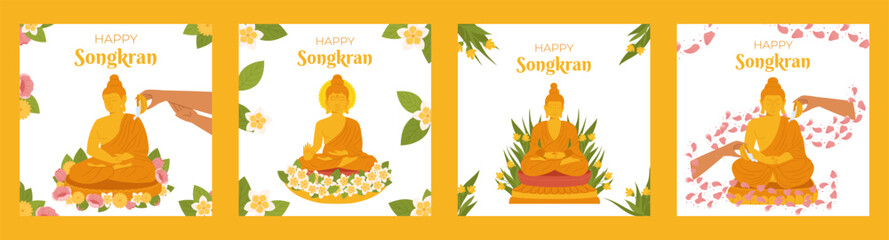 Songkran festival, traditional shower the monk sculpture, Thailand New Year. Hand Pouring water Buddha statue. Vector Square social media post template collection in flat style for celebrating - obrazy, fototapety, plakaty