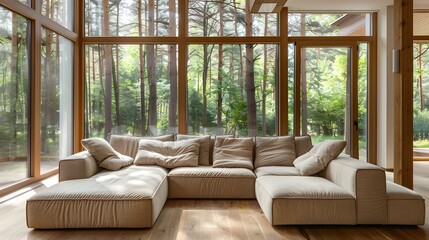 Beige corner sofa against of big windows. Minimalist interior design of modern living room in country house in forest. 