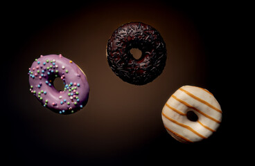 Three delicious donuts in motion, isolated on a black background with orange backlight