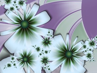 Fractal image with fantasy flowers. Green template with place for inserting your text. Fractal art as background for computer...Graphic design.