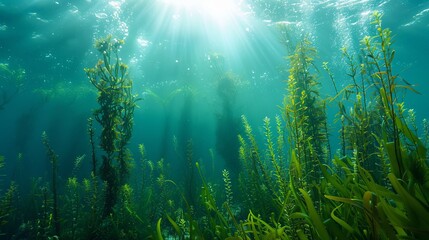 Underwater image of plants absorbing carbon dioxide and showing an aquatic ecosystem. Blue carbon ecosystem concept. - obrazy, fototapety, plakaty