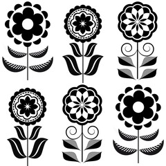 Set graphic design with abstract flowers...Black and white floral as seamless pattern. Abstract background for textile design, surface textures, wrapping paper.