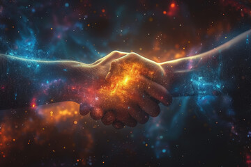 A handshake amidst a cosmic background with stars and galaxies, representing partnerships that transcend earthly boundaries. Concept of universal connections. Generative Ai.