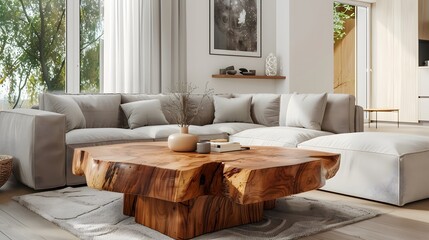 Live edge wooden coffee table near corner sofa. Interior design of modern living room in farmhouse. - obrazy, fototapety, plakaty