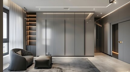 Grey wardrobe in minimalist style interior design of modern bedroom.