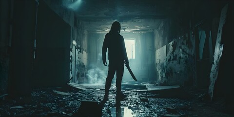 Creepy ambiance: Silhouette wielding a knife in dimly lit abandoned structure. Concept Horror, Silhouette, Knife, Abandoned Structure, Creepy Atmosphere