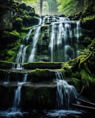 a small waterfall in the middle of a forest with moss growing on the rocks and the water running down it.