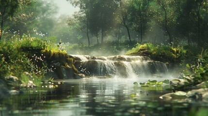 a stream running through a lush green forest next to a forest filled with lots of trees and water lilies.
