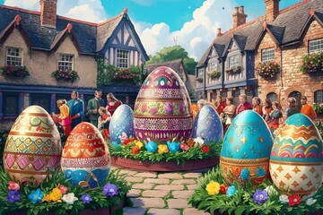 Easter symbols, such as decorated eggs, bunnies, and chicks, evoke the spirit of the holiday and add a festive touch to celebrations. - obrazy, fototapety, plakaty