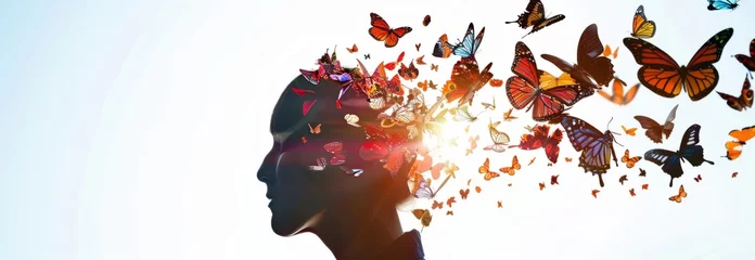 Crédence de cuisine en verre imprimé Papillons en grunge The visualization of a human silhouette dissipating into a swarm of butterflies symbolizes personal growth and transformation.