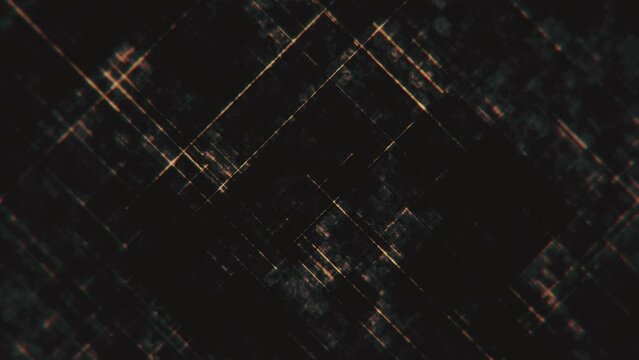 Simple abstract background animation with gently moving distressed diagonal golden lines and grunge noise texture. This dark minimalist textured motion background is full HD and looping.