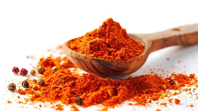 Red paprika, cayenne pepper powder in wooden spoon pile isolated on white, side view