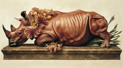 a painting of a rhino laying down with flowers on it's back and it's head on the ground.