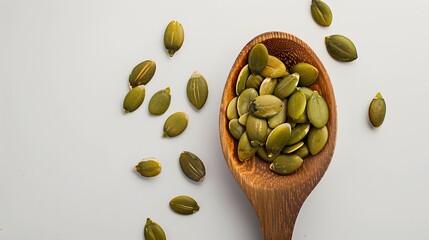 Top view of pumpkin seeds on a wooden spoon against a white background.