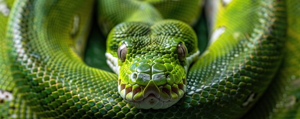 coiled green python - obrazy, fototapety, plakaty