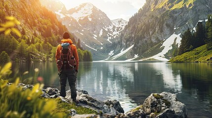 the hiker against the backdrop of the lake and surrounding nature to provide context and depth to the image, enhancing the storytelling aspect - obrazy, fototapety, plakaty