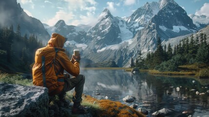 natural movements and expressions from the hiker, such as drinking the hot beverage, to convey a sense of realism and immersion in the outdoor environment.