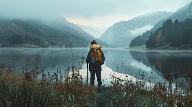 the hiker against the backdrop of the lake and surrounding nature to provide context and depth to the image, enhancing the storytelling aspect