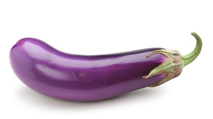 a purple eggplant on a white background with a green stalk in the middle of the eggplant.