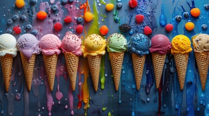 a row of ice cream cones sitting next to each other on top of a blue wall covered in colorful drops of paint.