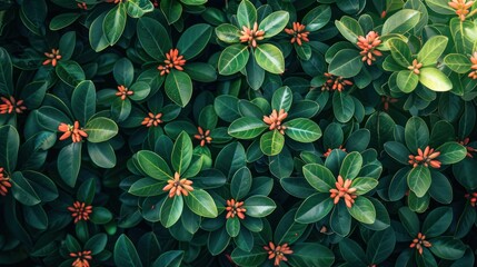 a close up of a bunch of green leaves with red and orange flowers in the middle of the leaves on the top of the leaves.