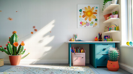 Colorful Childrens Room with Bright Furniture, Playful Decor, and Spacious Design