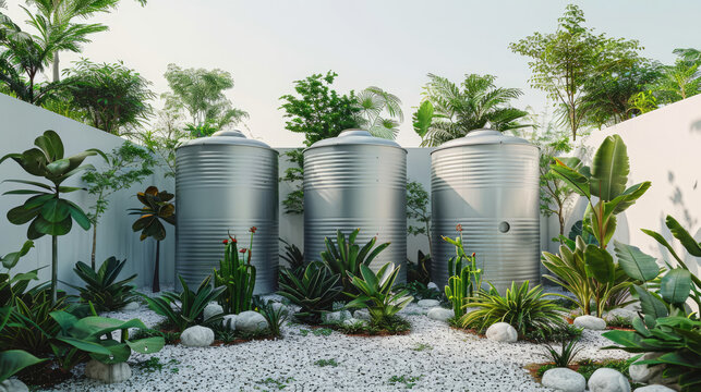 Rainwater harvesting system in the garden with barrel, ecological concept for plants watering, reusing water concept	