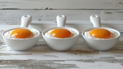 three white bowls with eggs in them sitting on a white wooden table next to two spoons and a white painted wall.