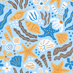 Beach seamless pattern. Child background with seashells and flowers. Scandinavian texture. Kid design.